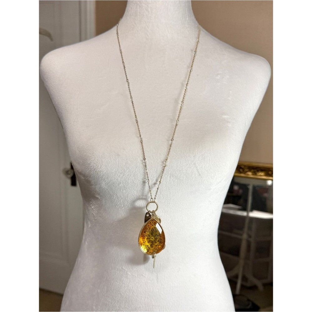 Vintage Boho Amber Yellow Crystal Teardrop Pendant Necklace W/Charms